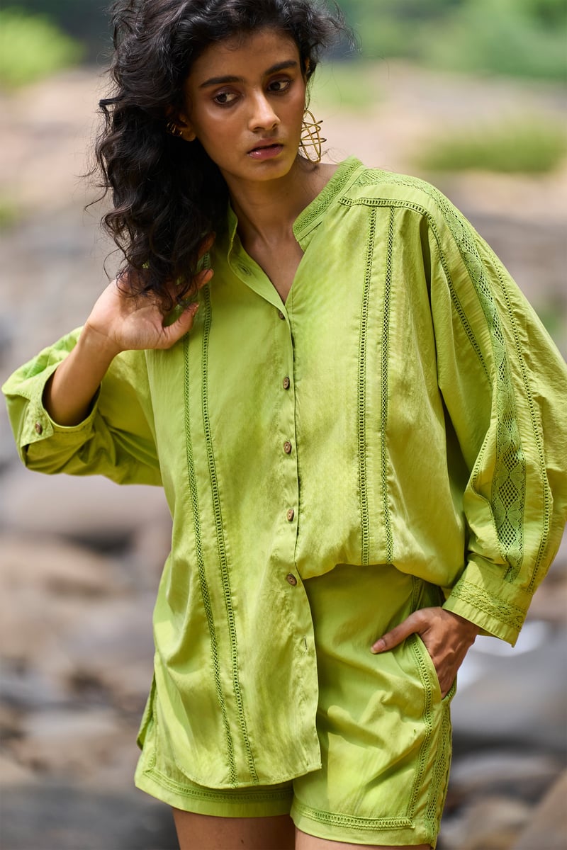 Lime Lace Insert Button-Down Shirt with Band Collar