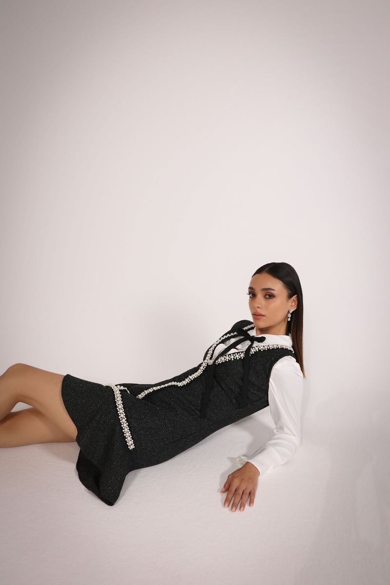 Black/Ivory Tweed Pearl-Trim Mini Dress with Bow