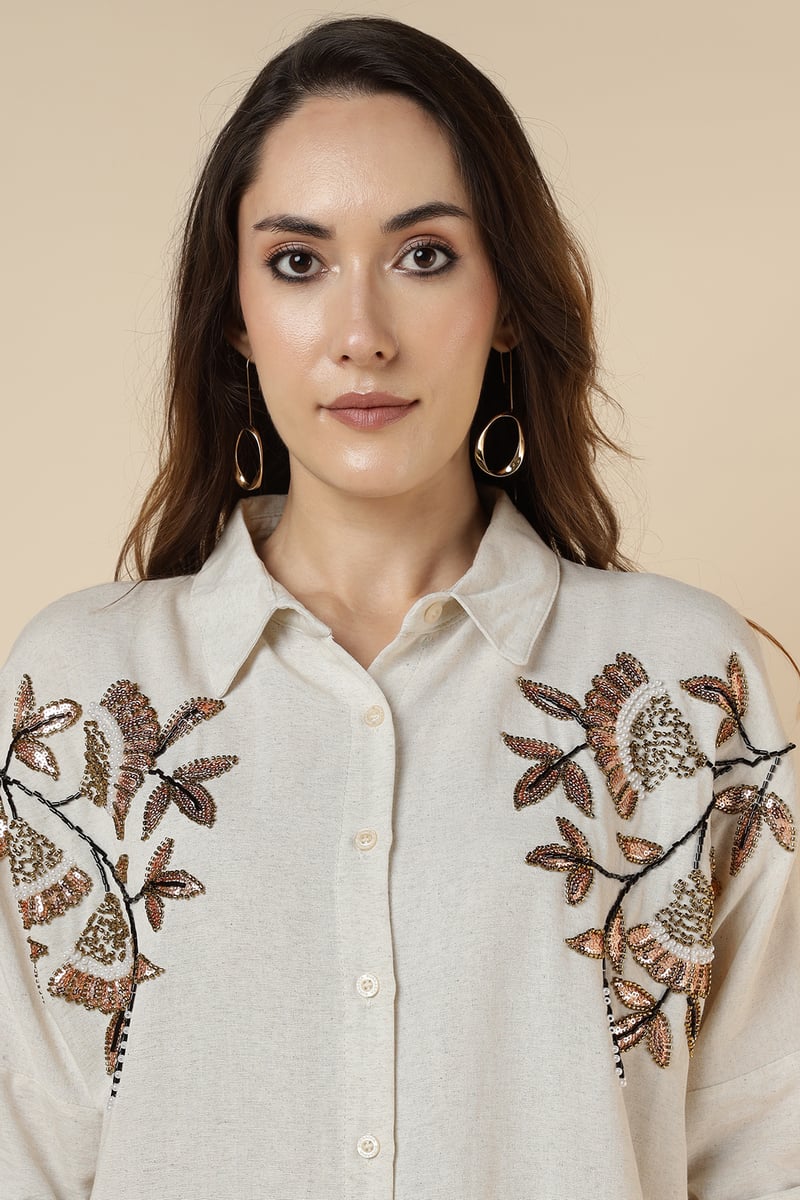 Natural Beige Embellished Longline Shirt