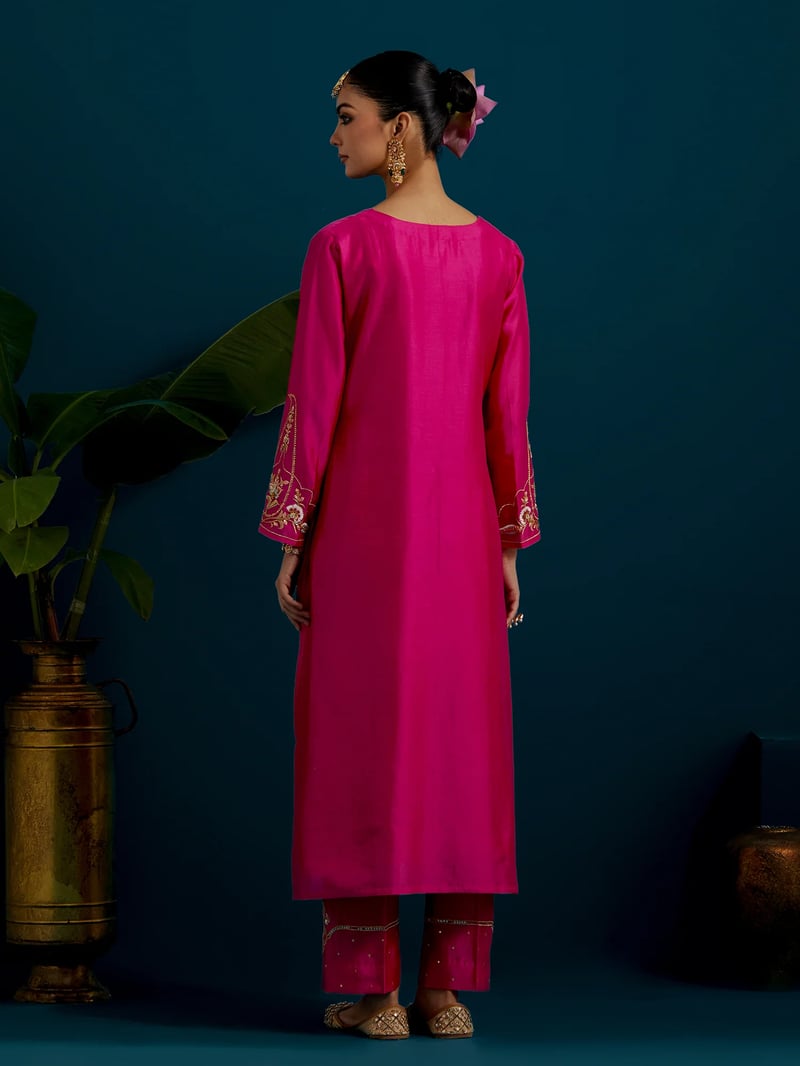Fuchsia Notched Neck A-Line Kurta and Pant Set