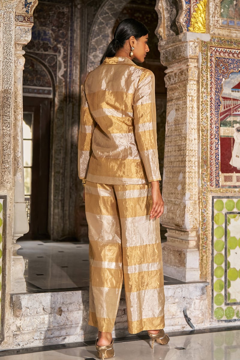 Champagne Gold Metallic Striped Wrap Tie Blazer