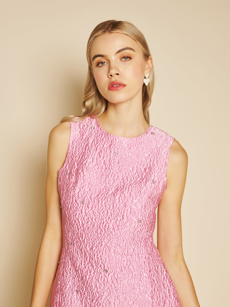 Pink Textured Jacquard Gem-Embellished Mini Shift Dress