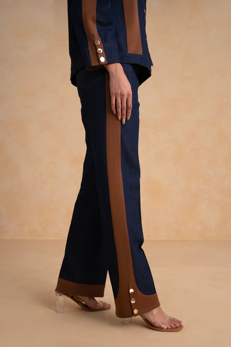 Indigo Denim and Tan Suede Colorblock Co-ord Set