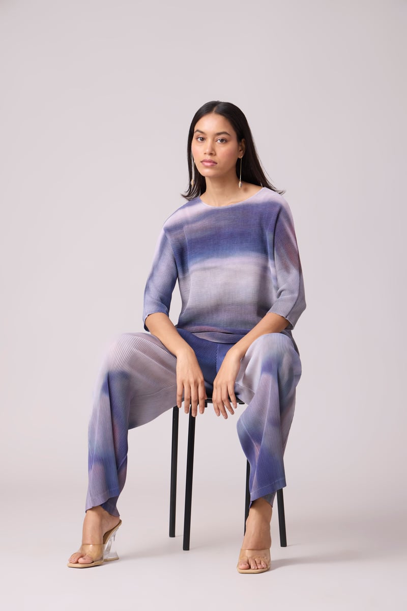 Purple and Grey Marble Print Pleated Co-ord Set