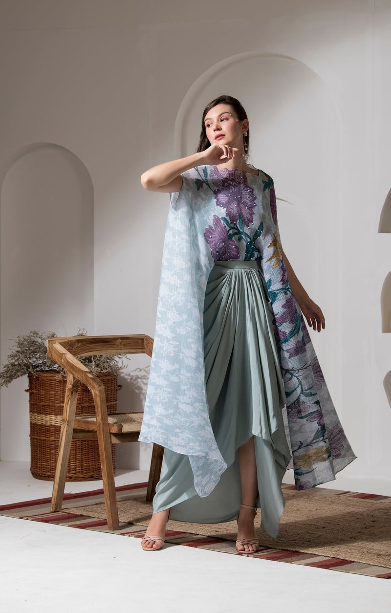 Blue Floral Kaftan and Dhoti Co-ord Set