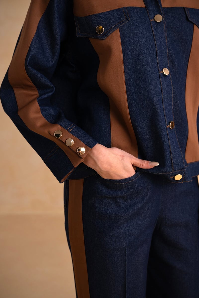 Indigo Denim and Tan Suede Colorblock Co-ord Set