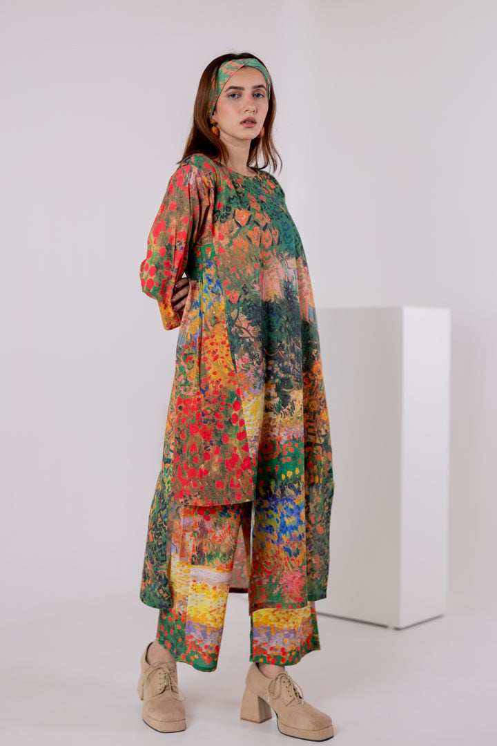 Multicolor Scenic Print Cambric Cotton Kurta Set