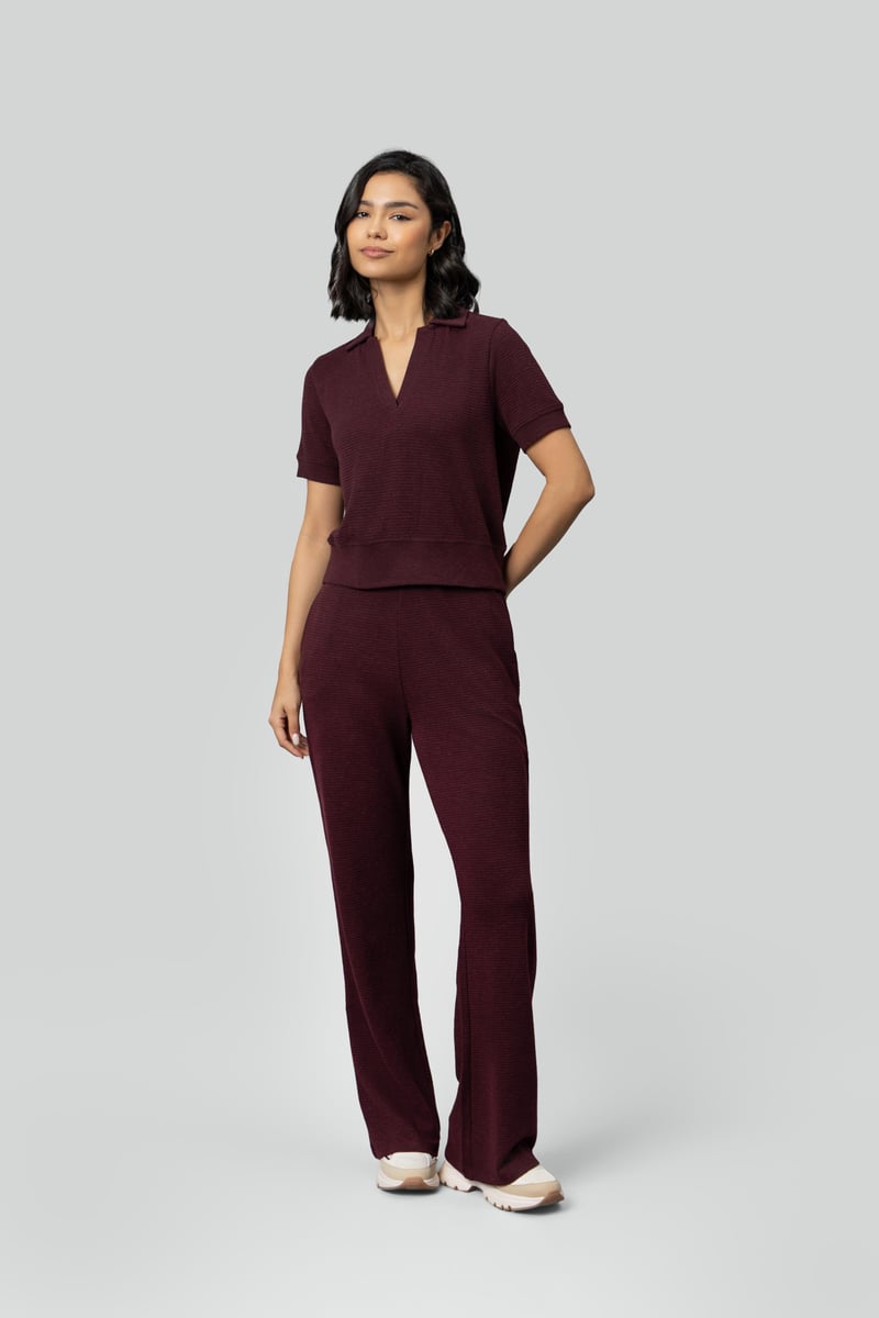 Burgundy Ottoman Rib Cropped Polo Top