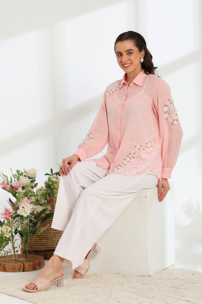 Blush Pink Sheer Mul Chanderi Shirt With Lace Detail