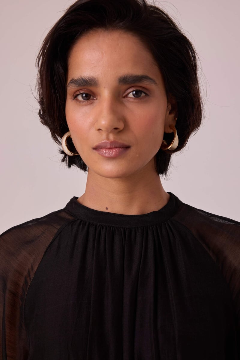 Black Handwoven Chanderi Maxi Dress with Ruched Waist
