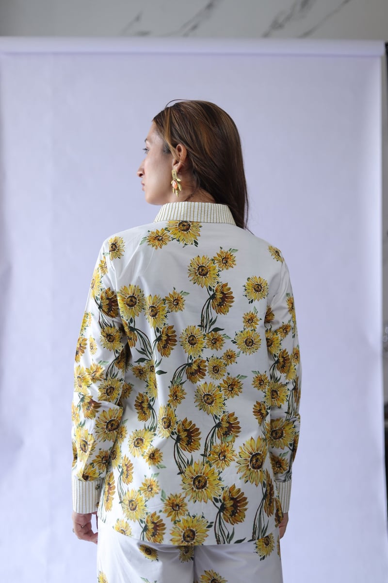 White Cotton Poplin Sunflower Print Shirt