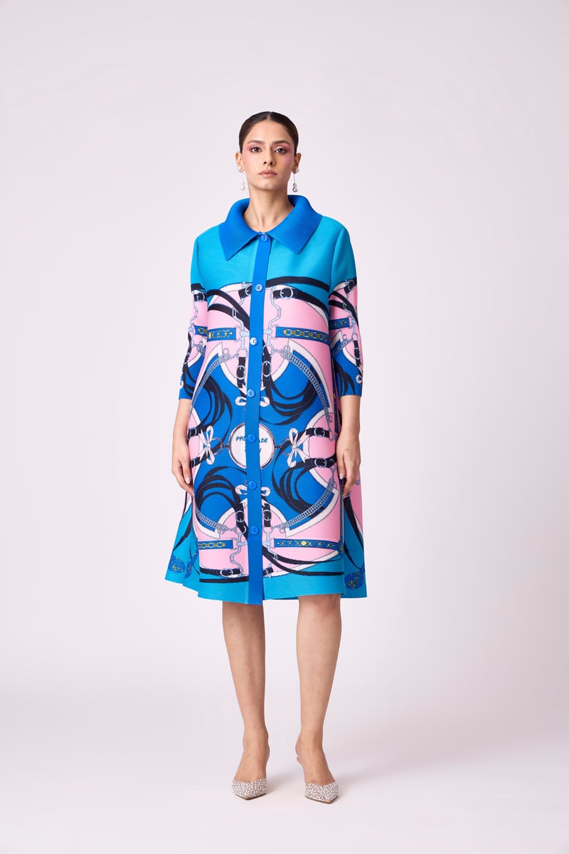 Blue Abstract Print Micro-Pleated Shirt Dress