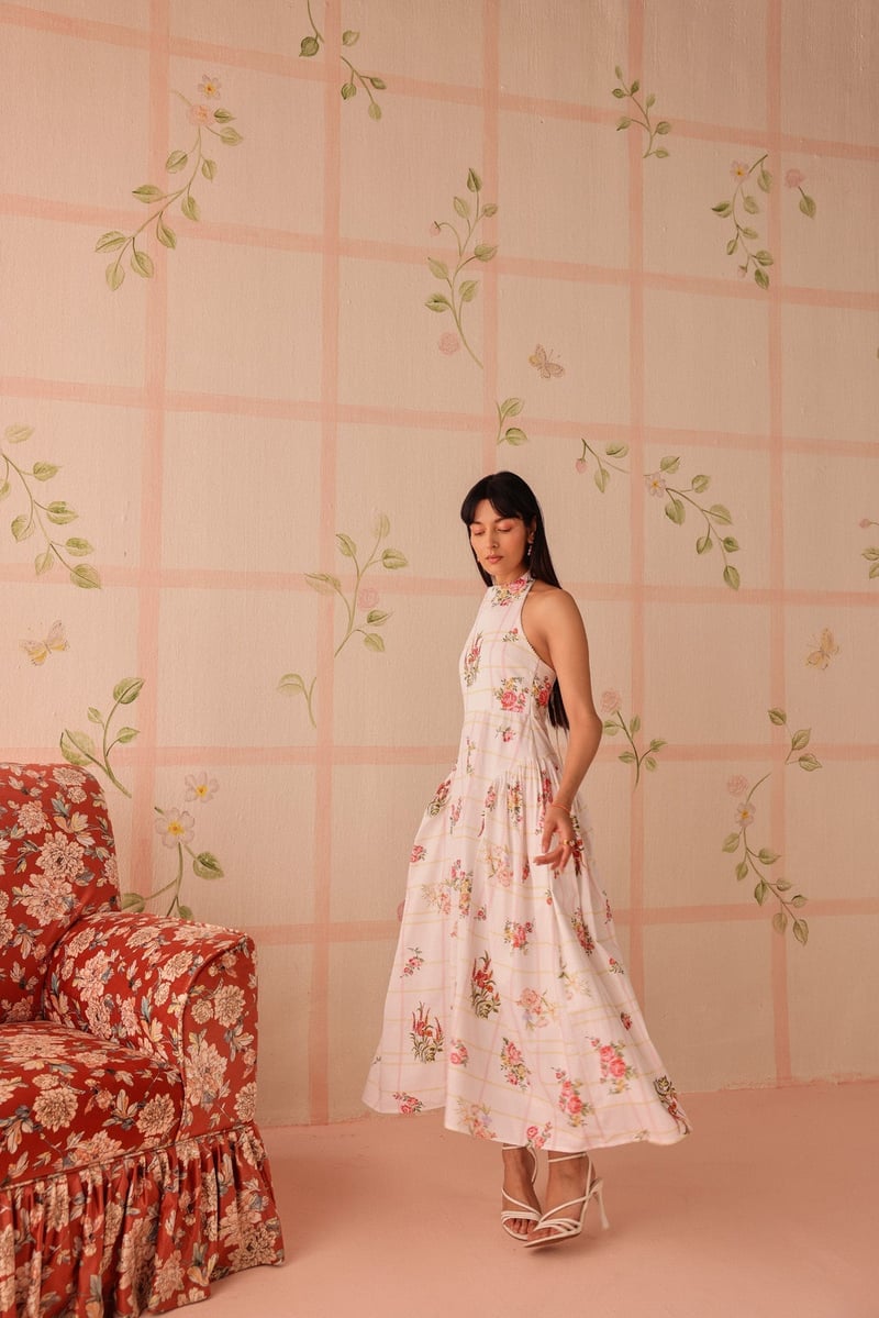 White Floral Check Halter Neck Maxi Dress