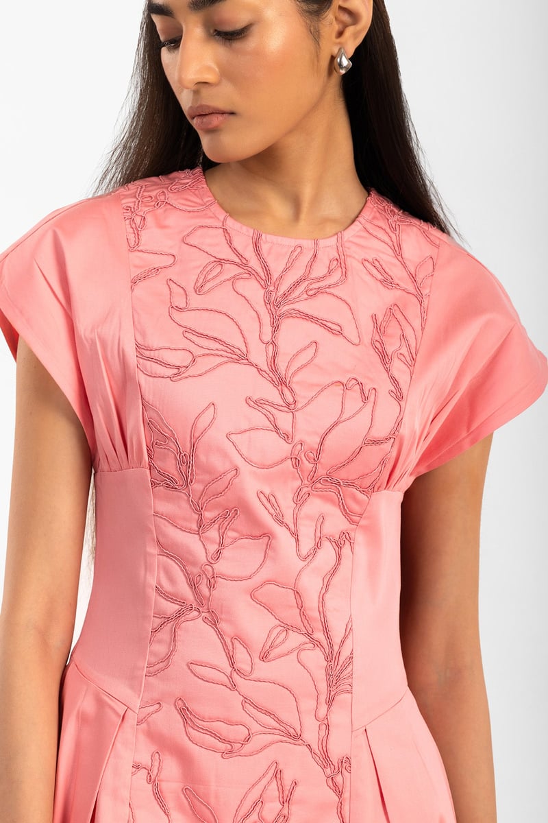 Pink Embroidered Fit and Flare Mini Dress