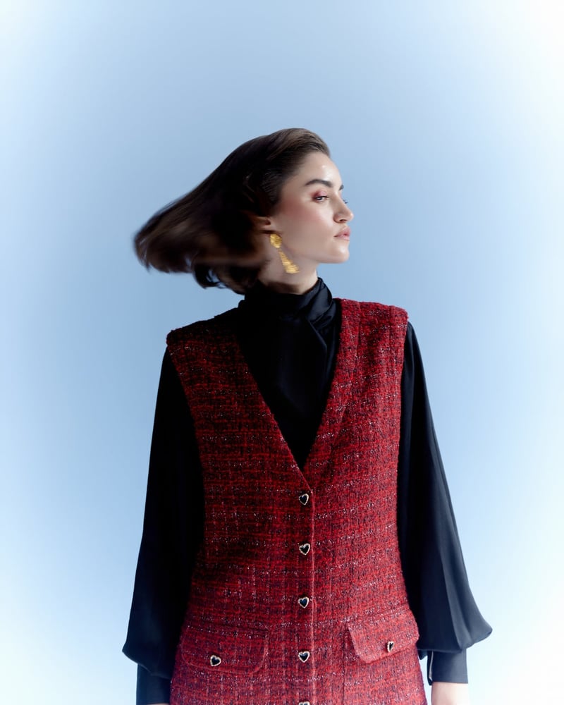 Red Tweed V-Neck Button-Front Mini Dress
