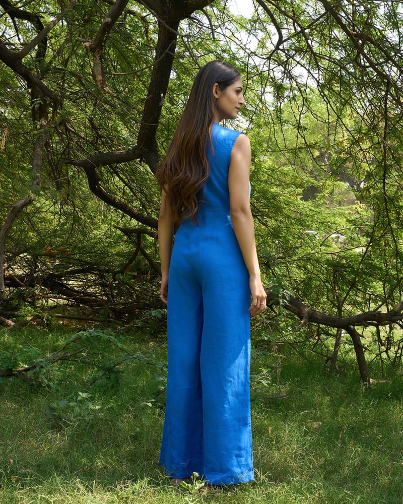 Blue Linen Wrap-Front Wide-Leg Jumpsuit