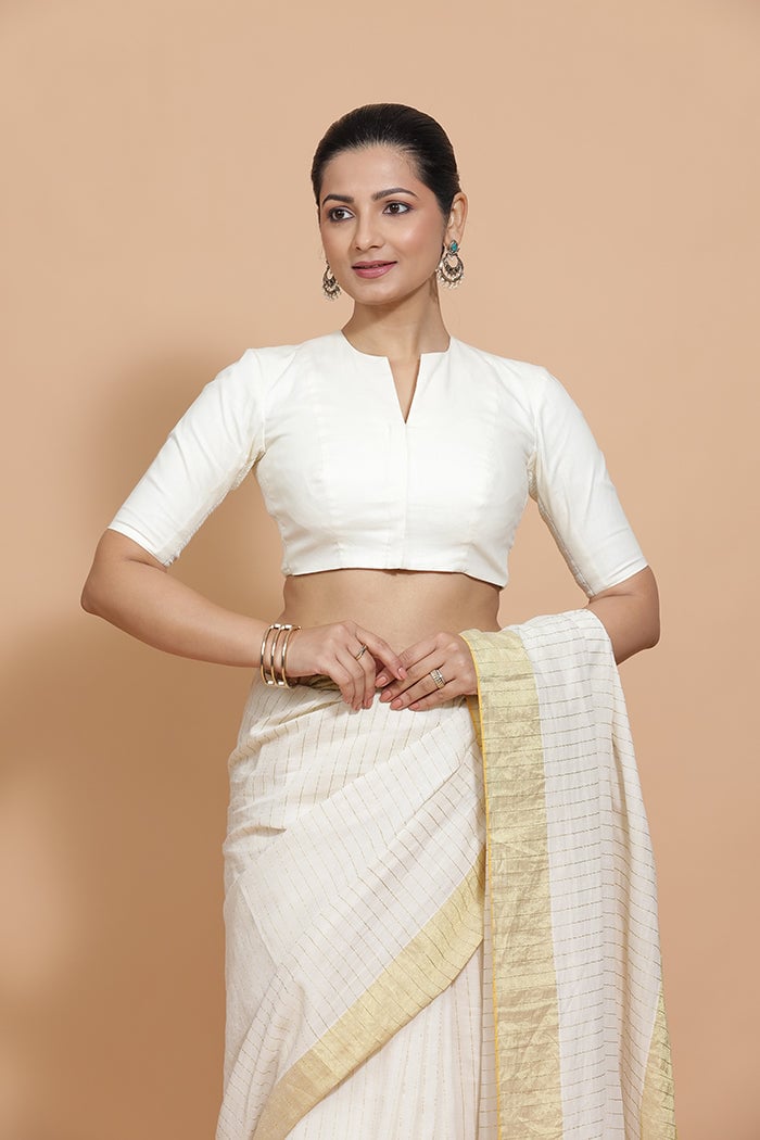 Ivory Mist Cotton Saree Blouse with Round Neck and Elbow Sleeves