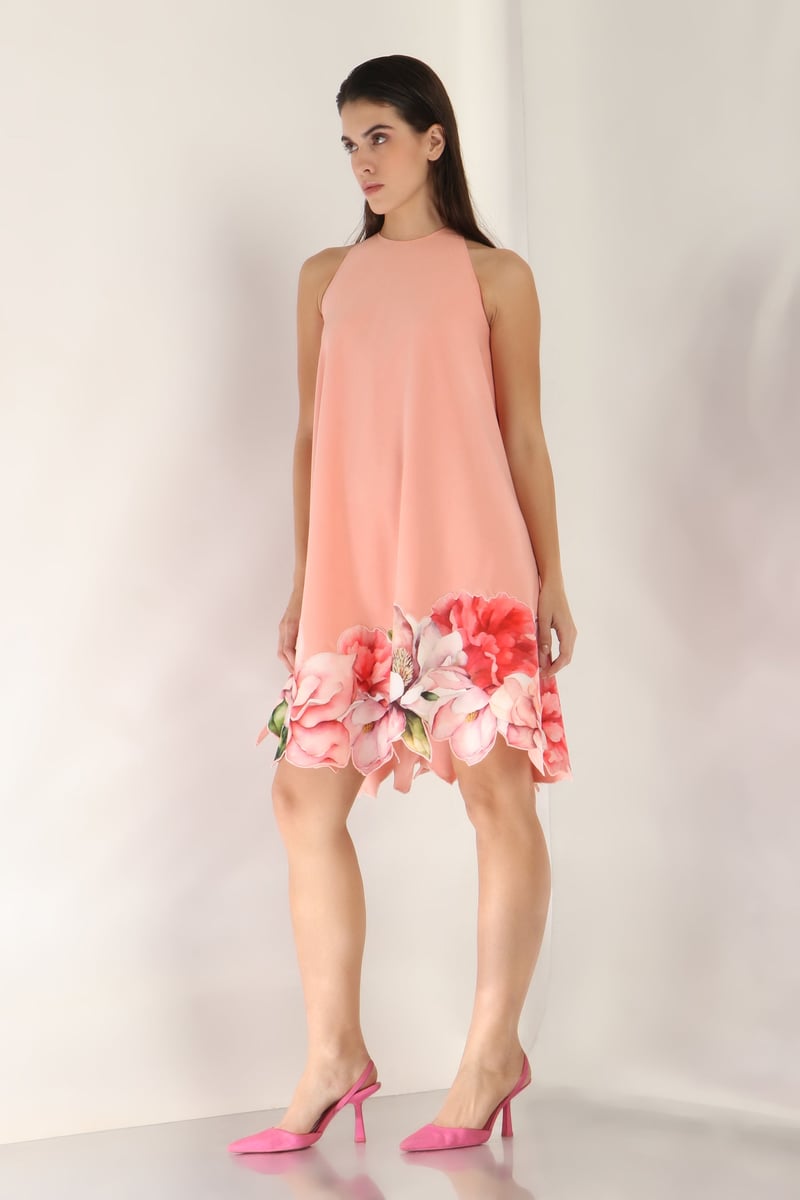 Peach High-Neck A-Line Mini Dress with Floral Hem