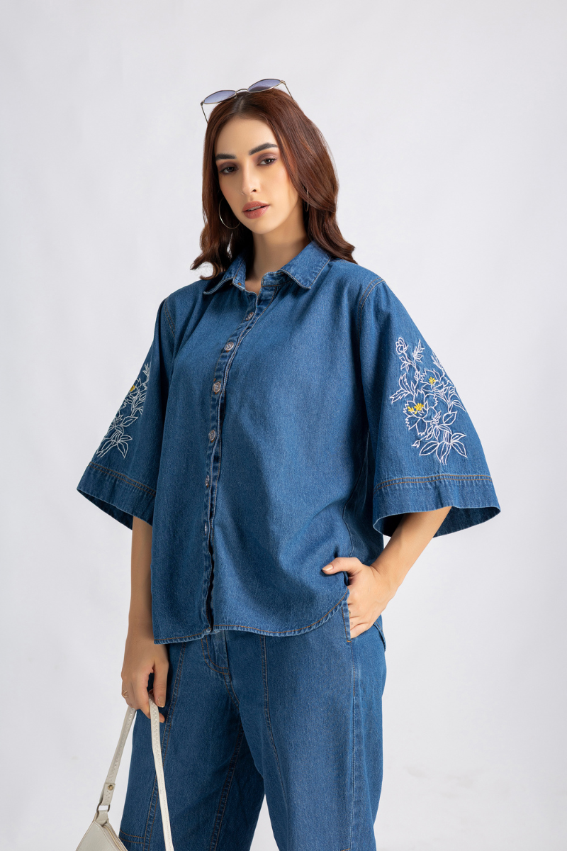 Blue Denim Embroidered Shirt and Pants Co-ord Set