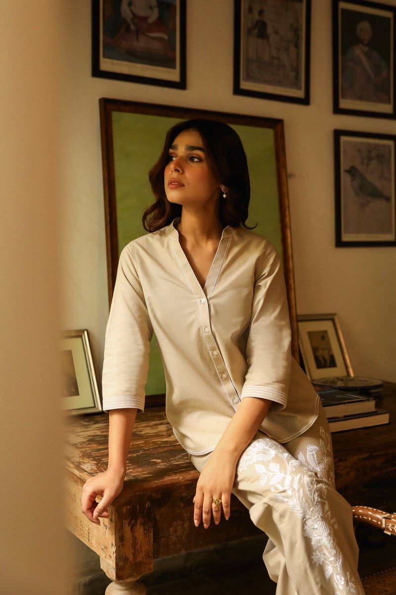 Beige Cotton-Linen Embroidered Co-ord Set
