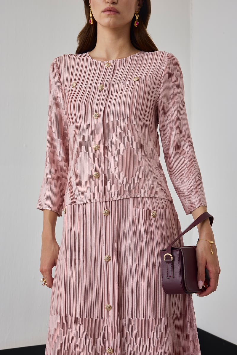 Nude Pink Pleated Printed Top and Midi Skirt Co-ord Set
