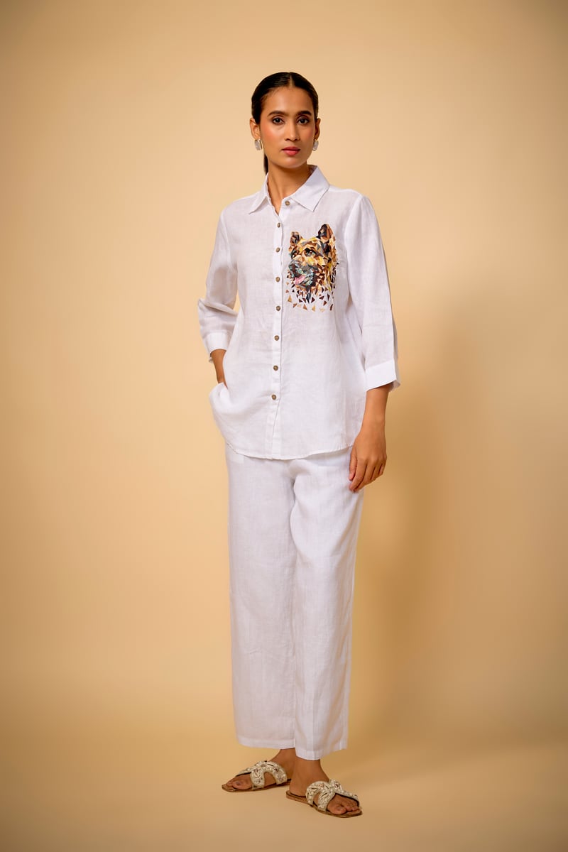 White Linen Relaxed-Fit Shirt with Chest Graphic