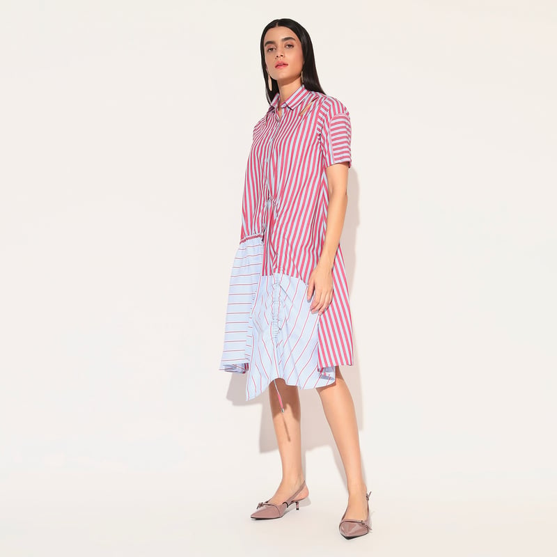 Red and Blue Colorblocked Striped Shirt Dress