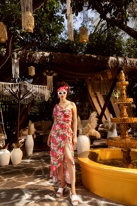 Hot Pink One-Shoulder Floral Maxi Dress With Drawstring Slit