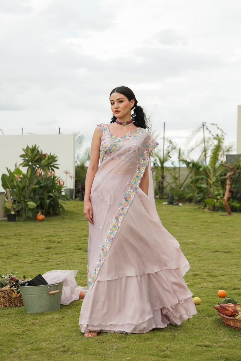 Pink Embroidered Lehenga Set with Tiered Skirt