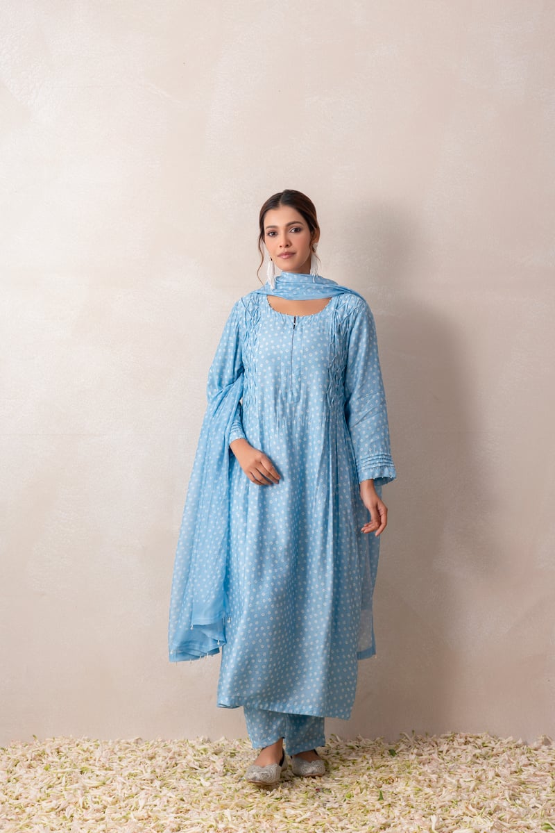 Pastel Blue Bandhani Print Straight Kurta Set with Smocking