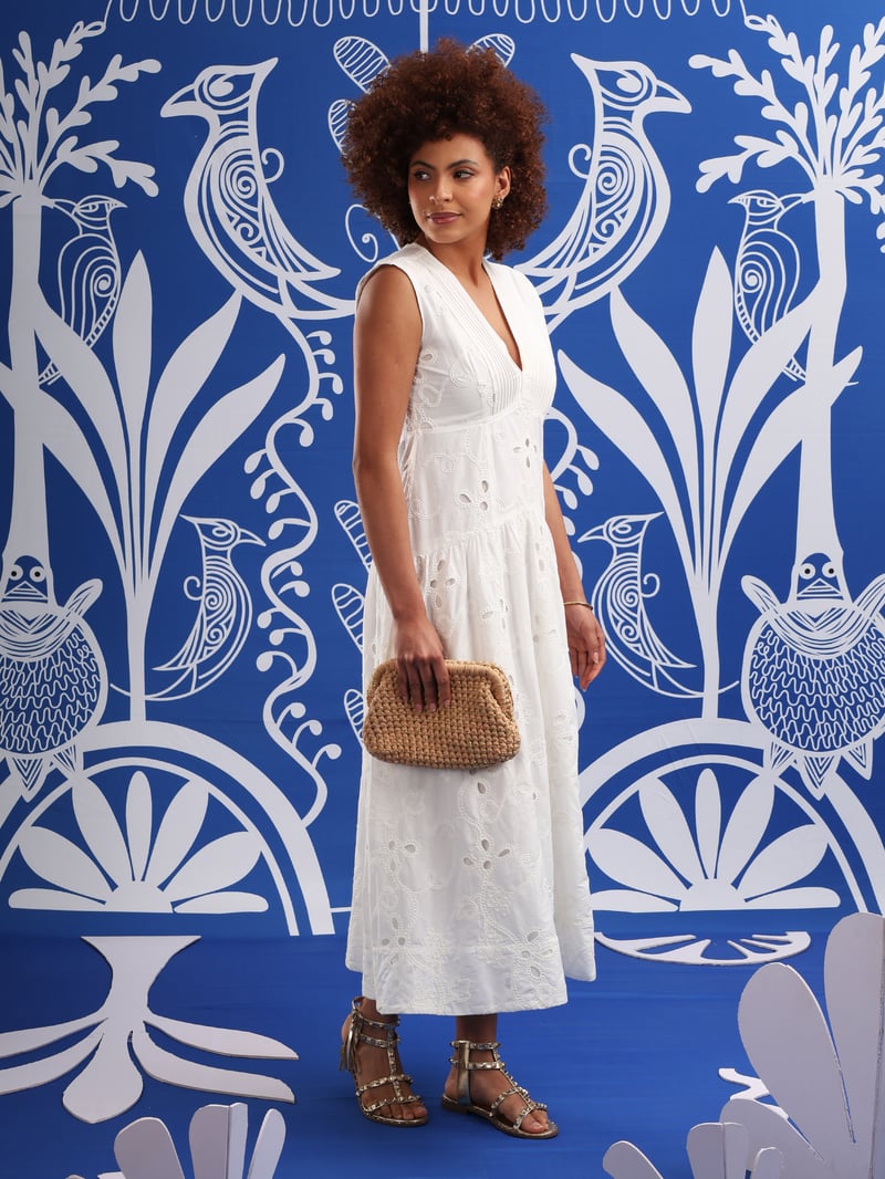 White Embroidered Cutwork Tiered Midi Dress — ANISETTE