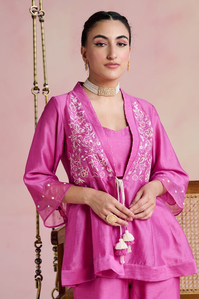 Bright Pink Chanderi Embroidered 3-Piece Kurta Set