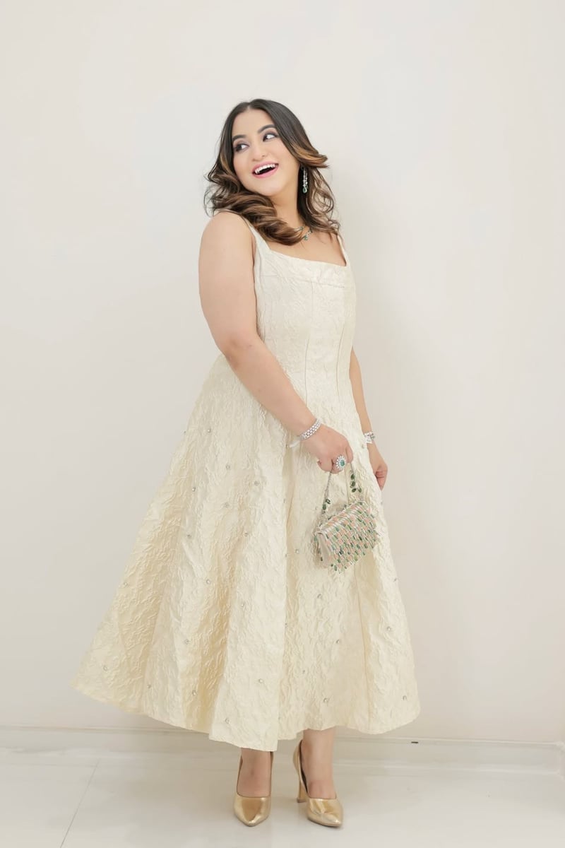 Butter Yellow Jacquard Embellished Fit and Flare Midi Dress