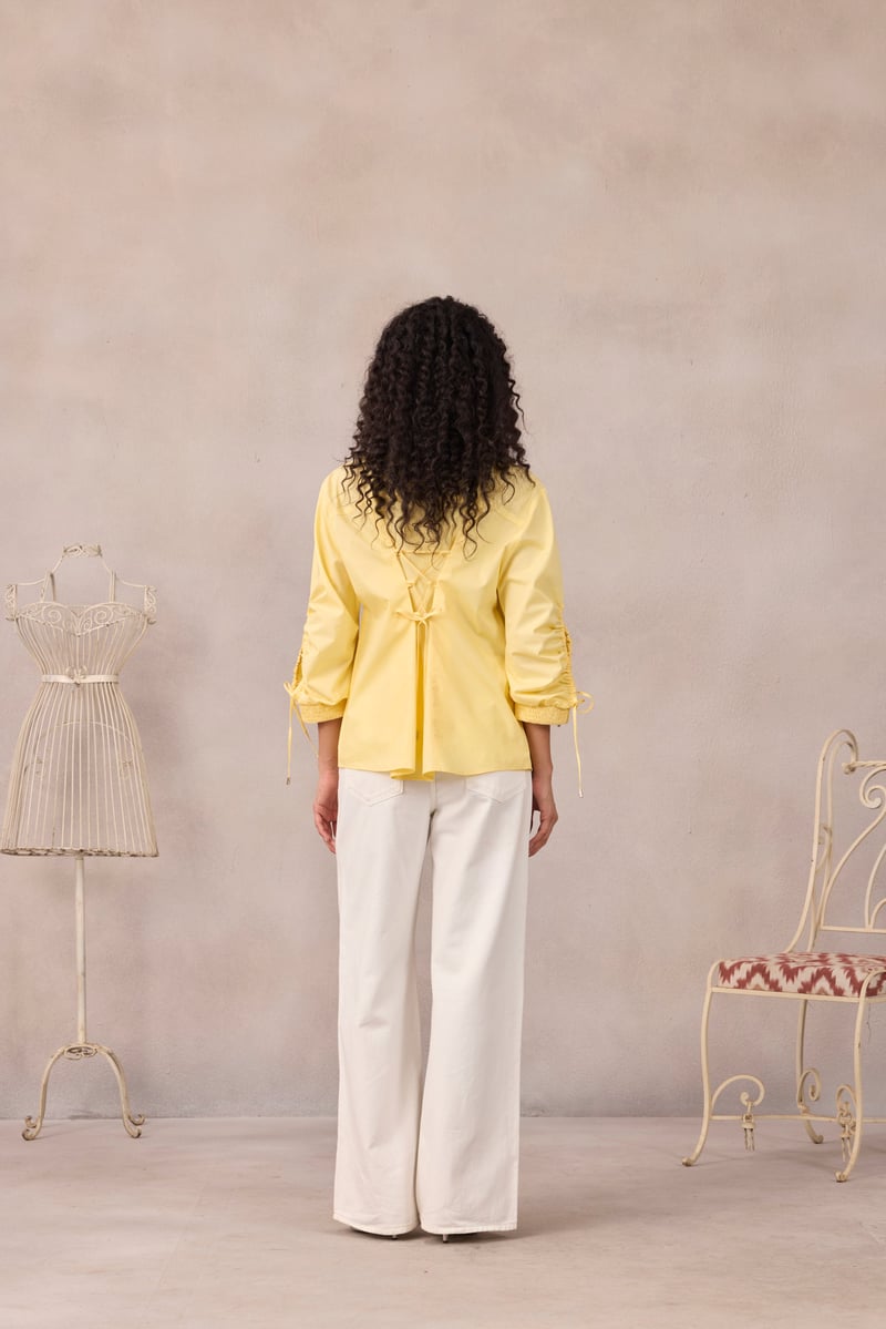 Lemon Sorbet Smocked Poplin Shirt with Ruched Sleeves