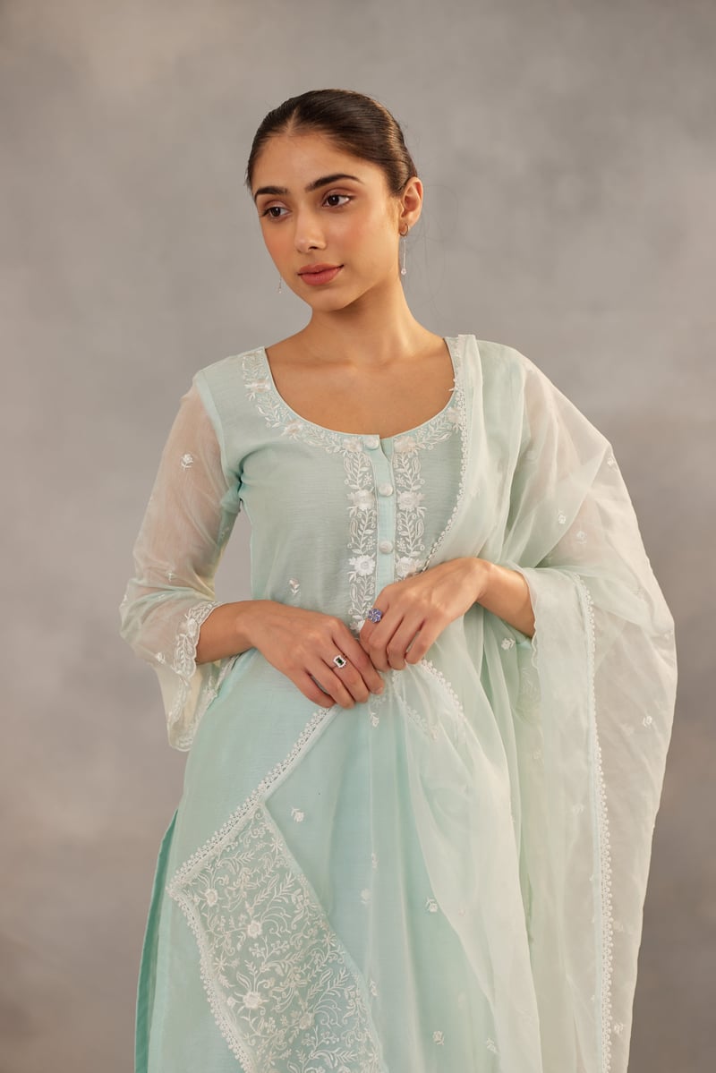 Mint Green Embroidered Straight Kurta Suit Set
