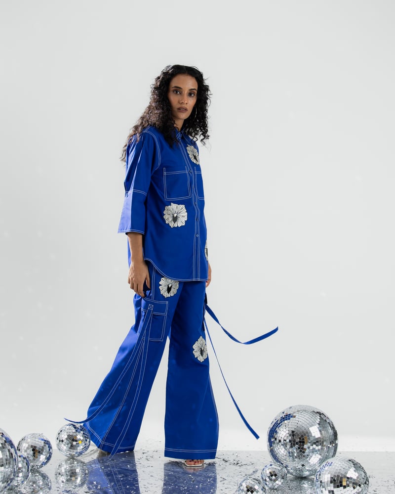 Royal Blue Applique Shirt and Wide-Leg Pants Co-ord Set