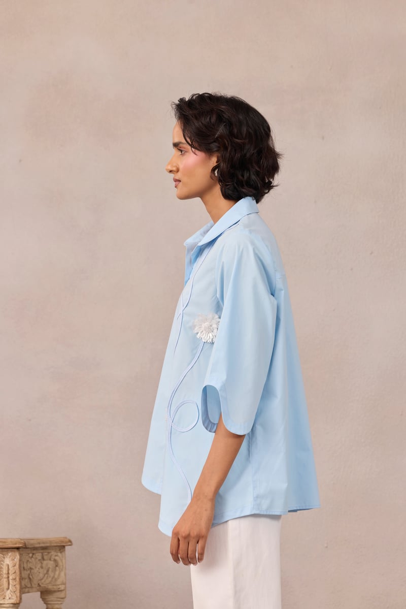 Frost Blue Applique Button-Down Shirt with Wave Hem