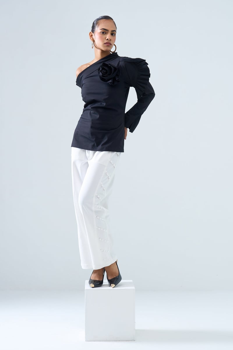 Black One-Shoulder Top with Sculpted Floral Detail