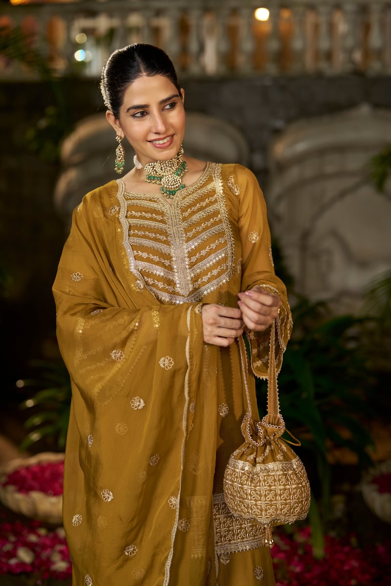 Yellow Organza Embroidered Kurta Sharara Set with Dupatta