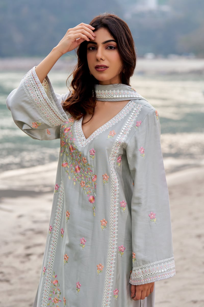 Grey Cotton Embroidered Straight Kurta Set with Dupatta