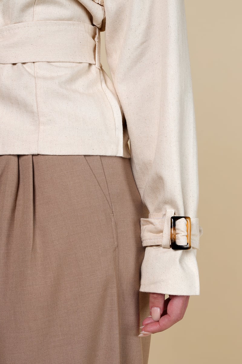 Beige Tailored Belted Jacket with Crochet Shoulder Panels