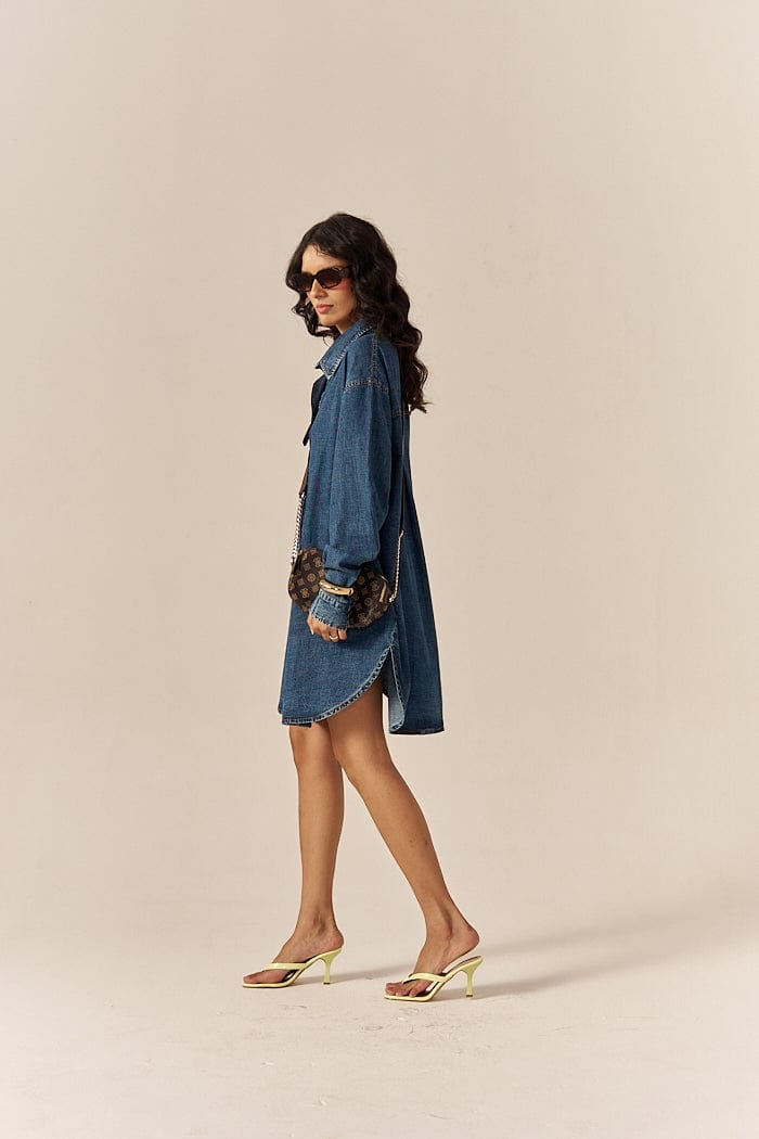 Blue Denim Relaxed Shirt Dress with Pockets