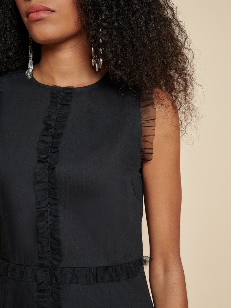 Black Sleeveless Straight Midi Dress with Ruffle Trim