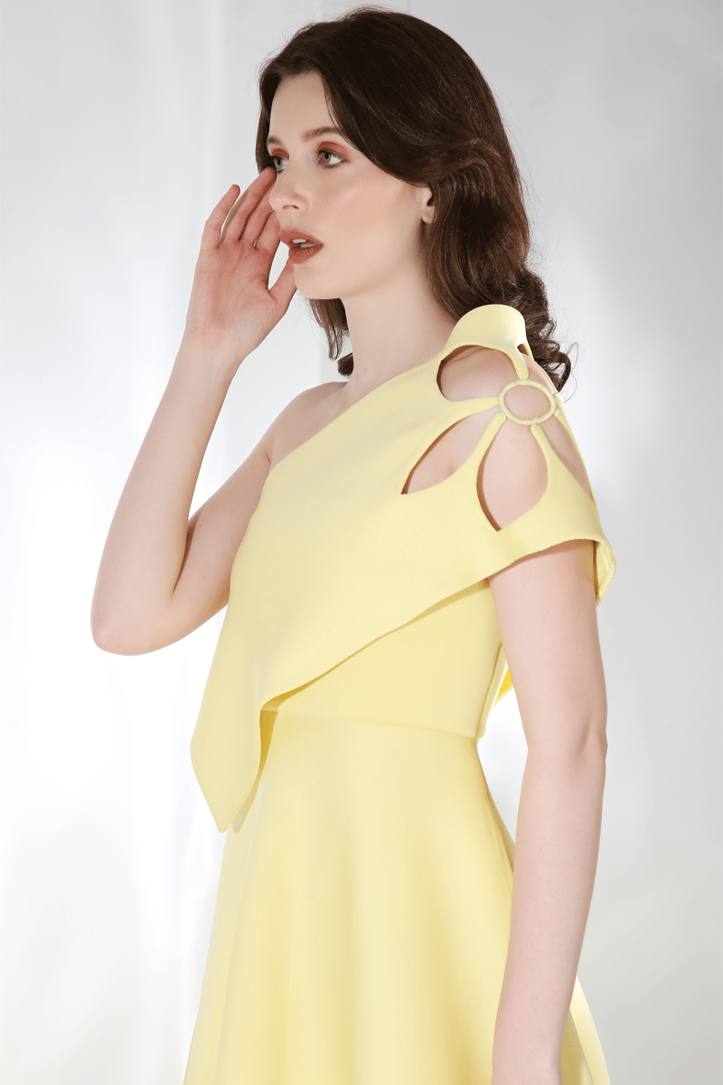 Light Yellow One-Shoulder Cutwork Fit and Flare Midi Dress