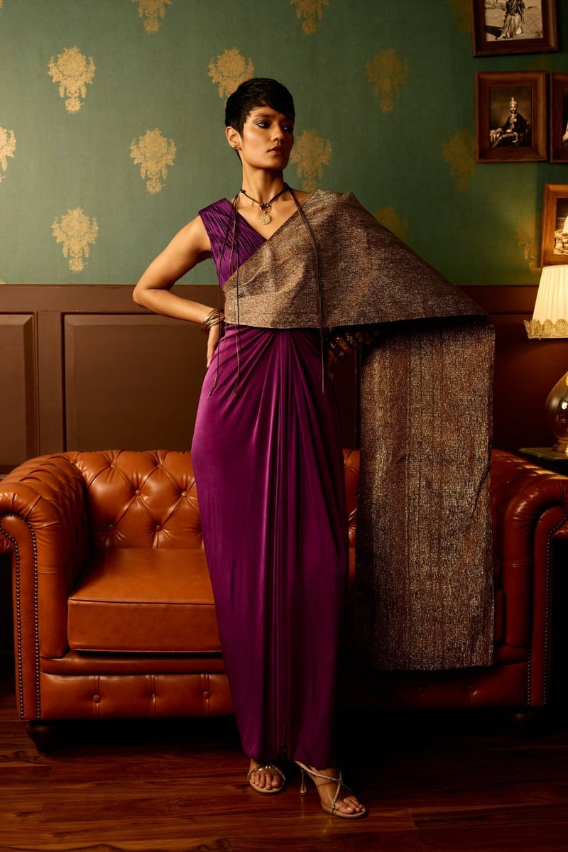 Purple Saree Drape Maxi Gown with Gold Pallu Detail