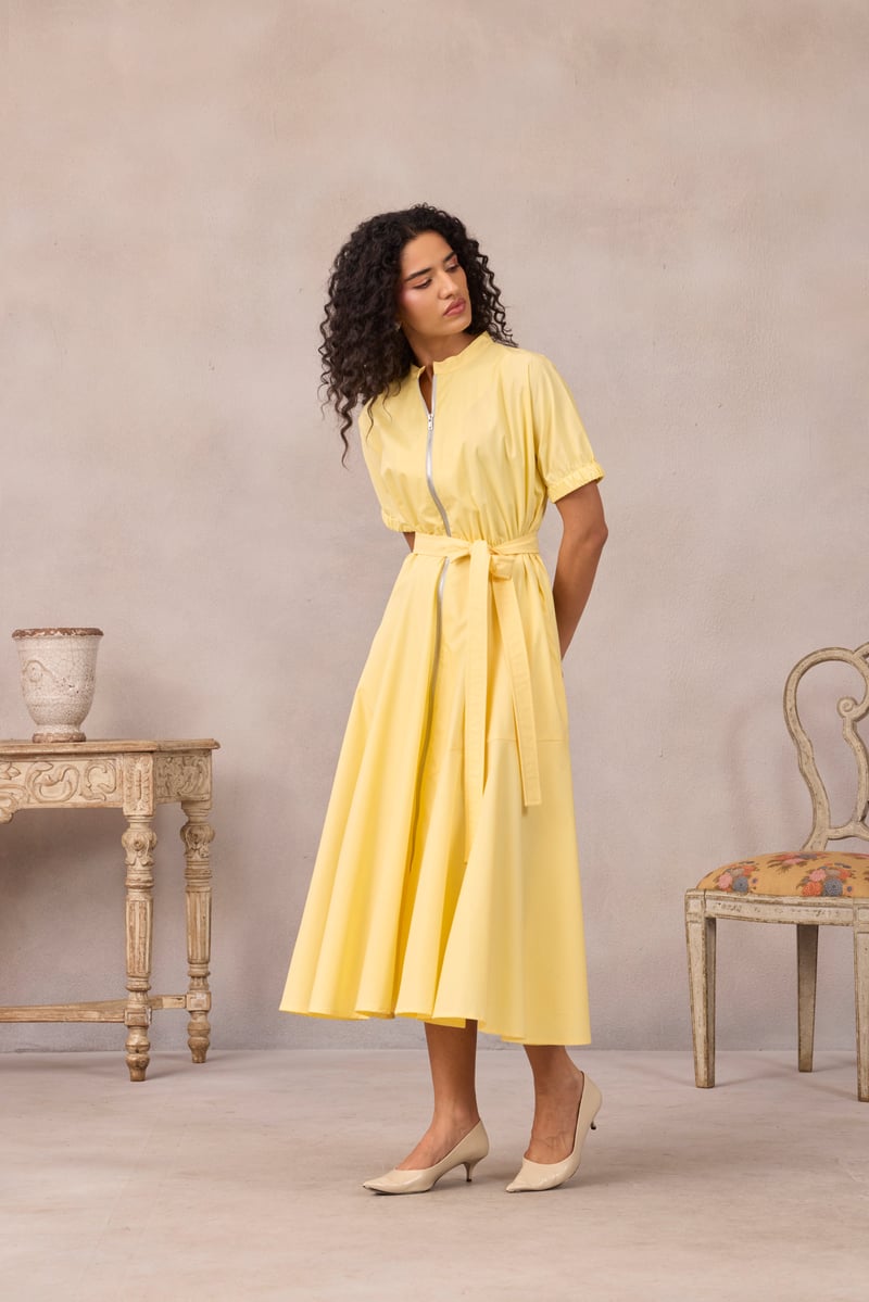 Lemon Sorbet Zip-Front Fit and Flare Midi Dress