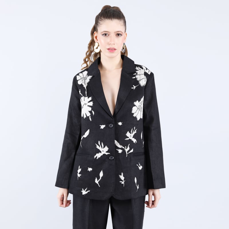Black Linen Twill Applique Embroidered Blazer — Linen Bloom