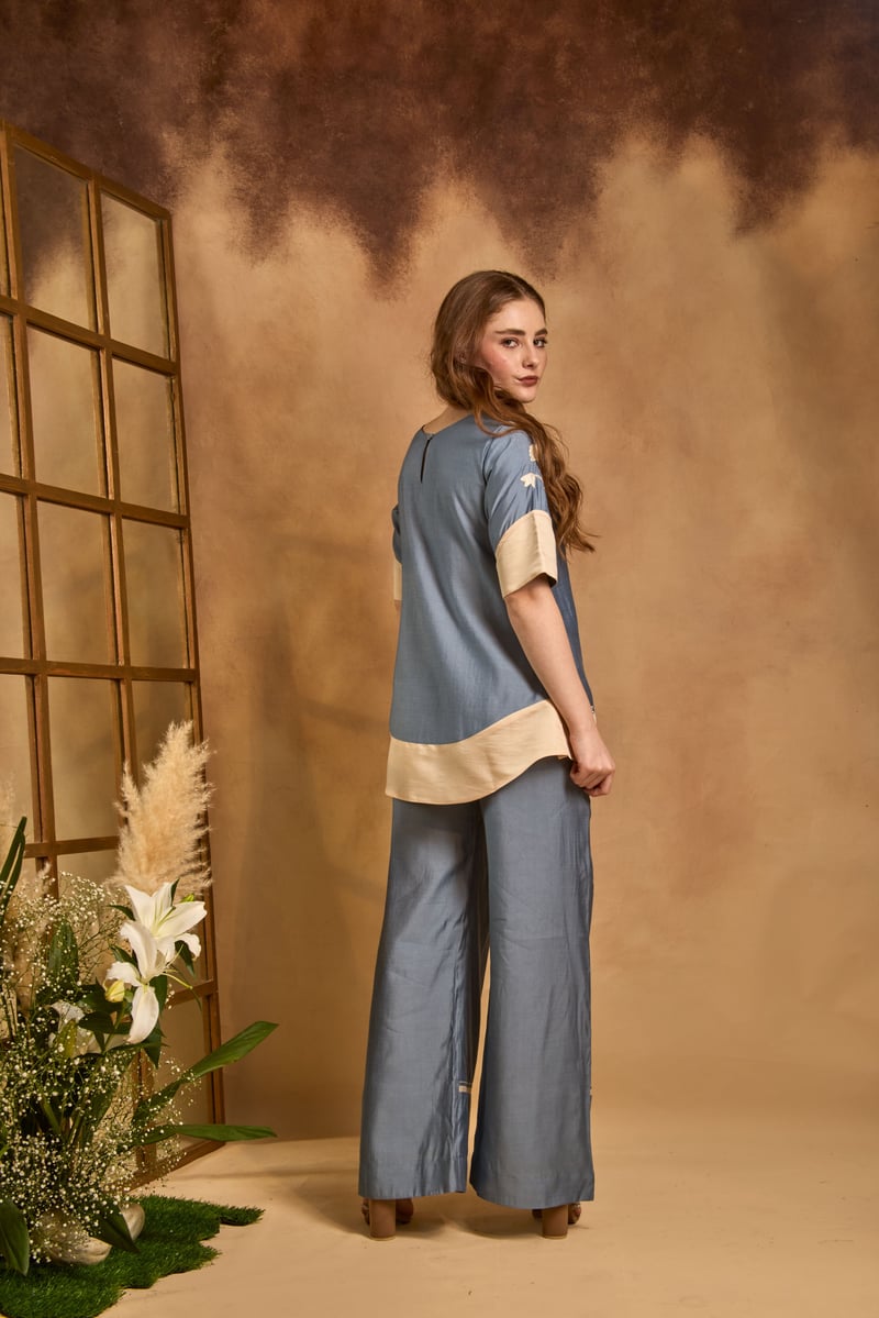 Blue and Cream Colorblocked Embroidered Co-ord Set