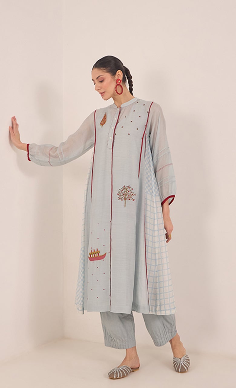 Powder Blue Chanderi Kali Kurta Set with Red Piping