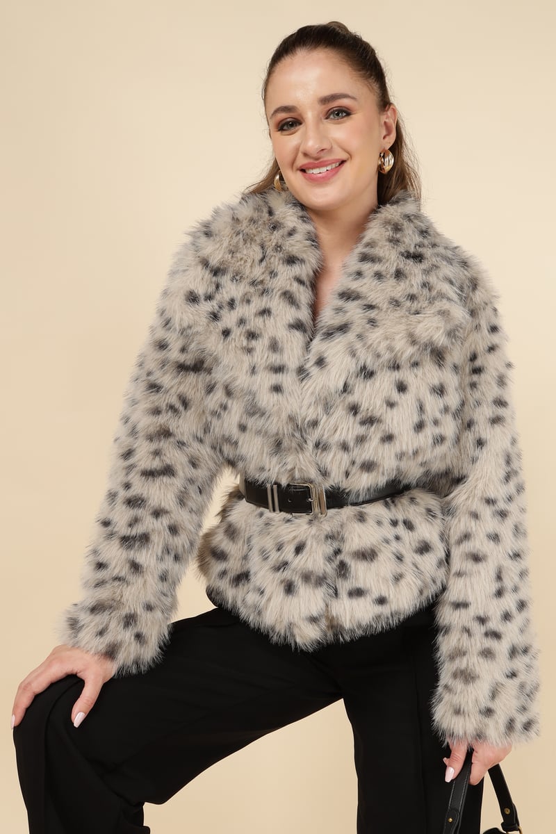 Beige Leopard Faux-Fur Cropped Jacket
